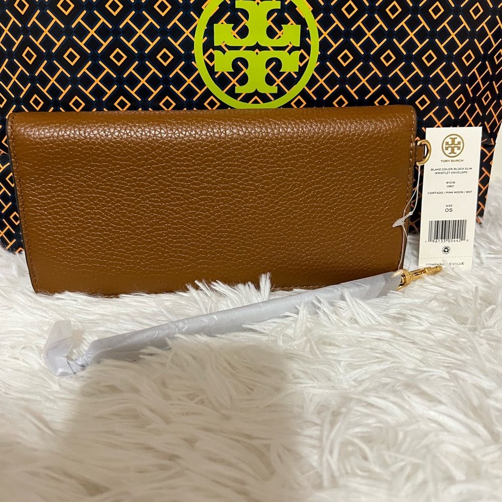 Authentic Tory Burch Blake Color-Block Slim Wristlet Envelope Brand New- Brown - Picture 2 of 8